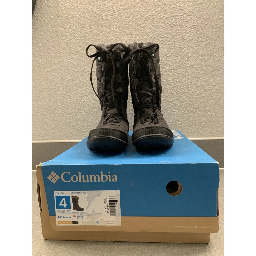 Columbia Minx Mid III Waterpoof Omni-Heat Winter Boots Black Girls Youth Size 4‎